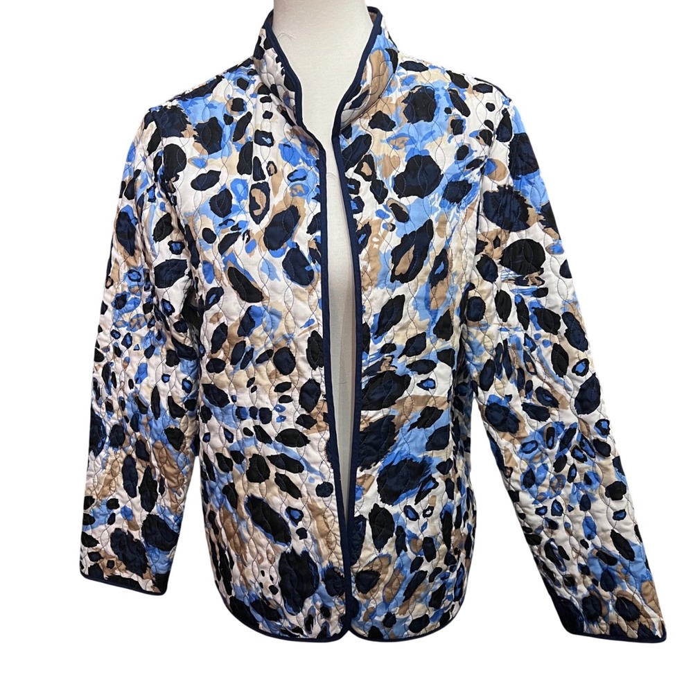 Alfred Dunner Womens Quilted Summer Jacket Blue White Leopard Print Open Front L